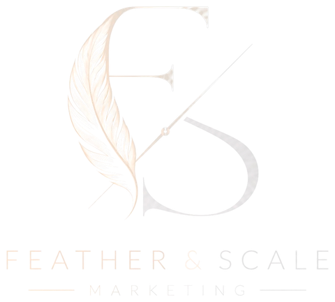 Feather and Scale Marketing logo — a quill feather crossed with a balance beam forming the letters F and S